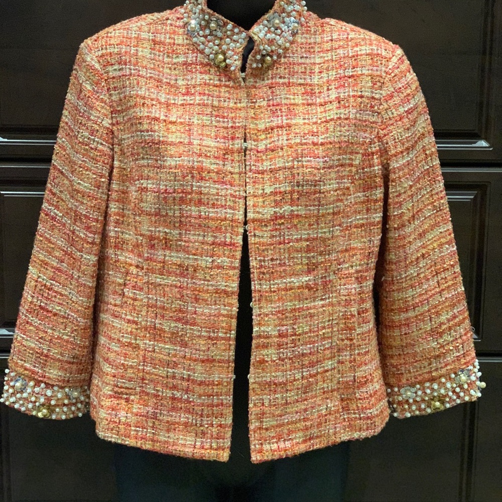 Chico’s tweed jacket with pearl and sequin collar